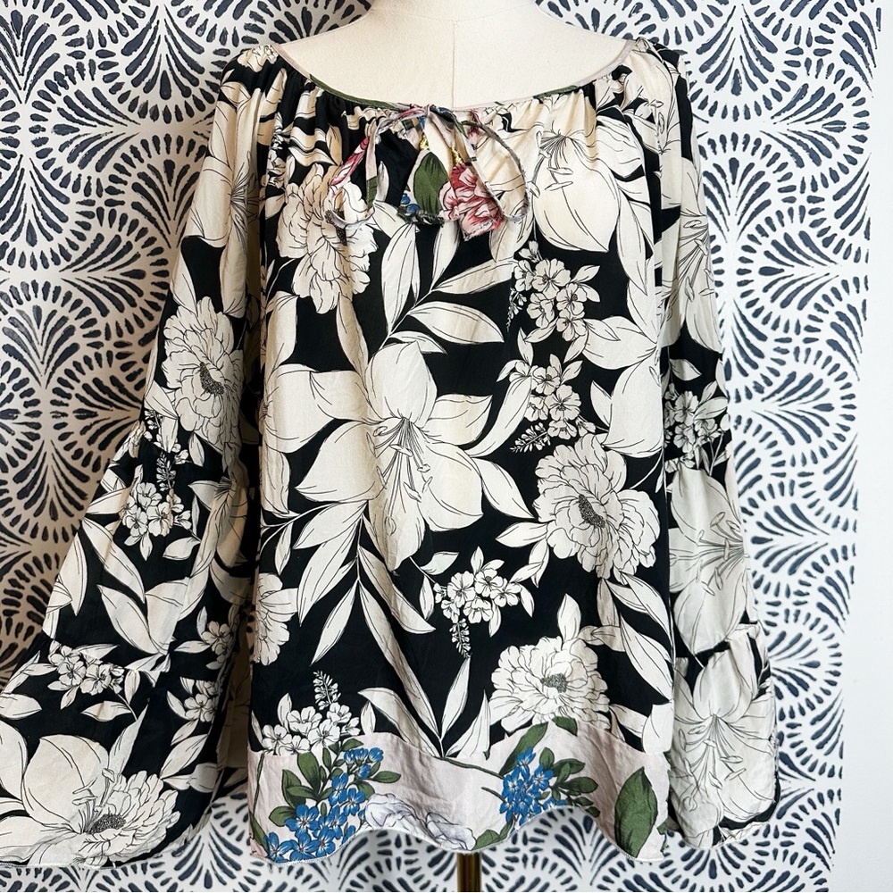 Johnny Was Jade Silk Eva Tiered Sleeve Floral Boho Blouse FLAW